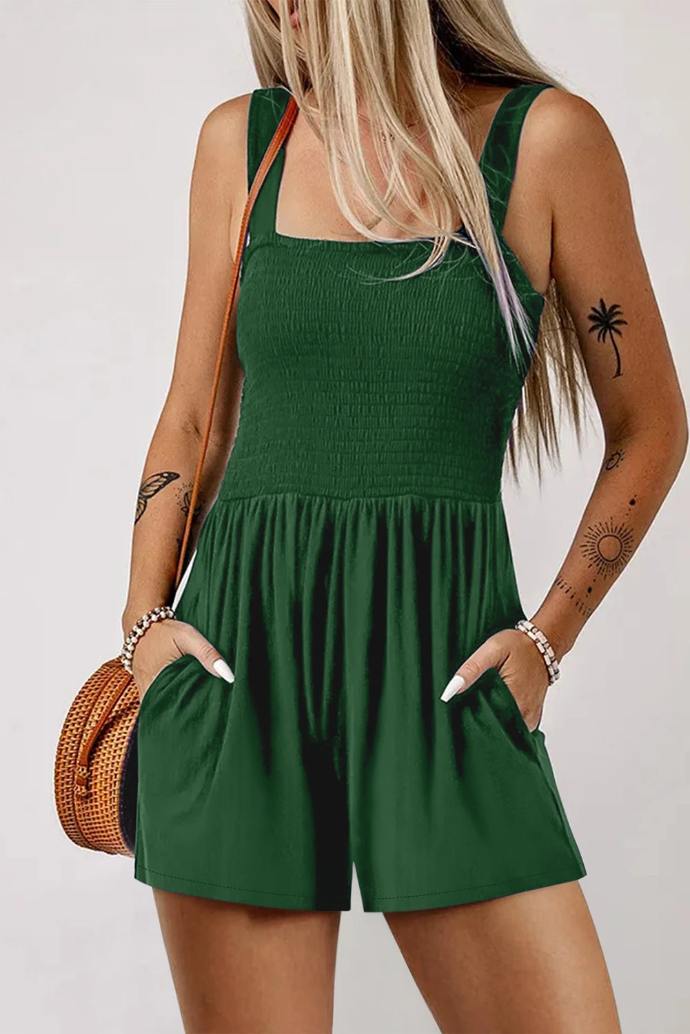 Green Pocketed Sleeveless Romper