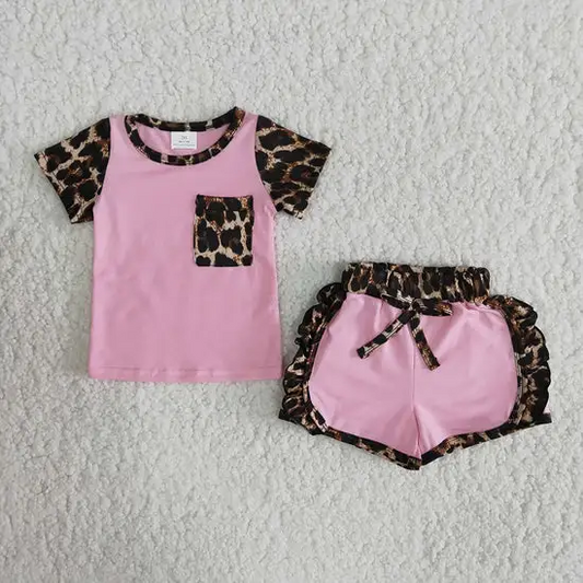 Pink Leopard Ruffle Shorts Set
