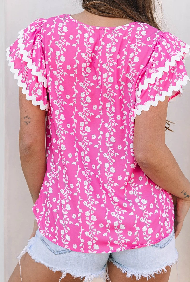 Pink Floral Flutter Sleeve Blouse
