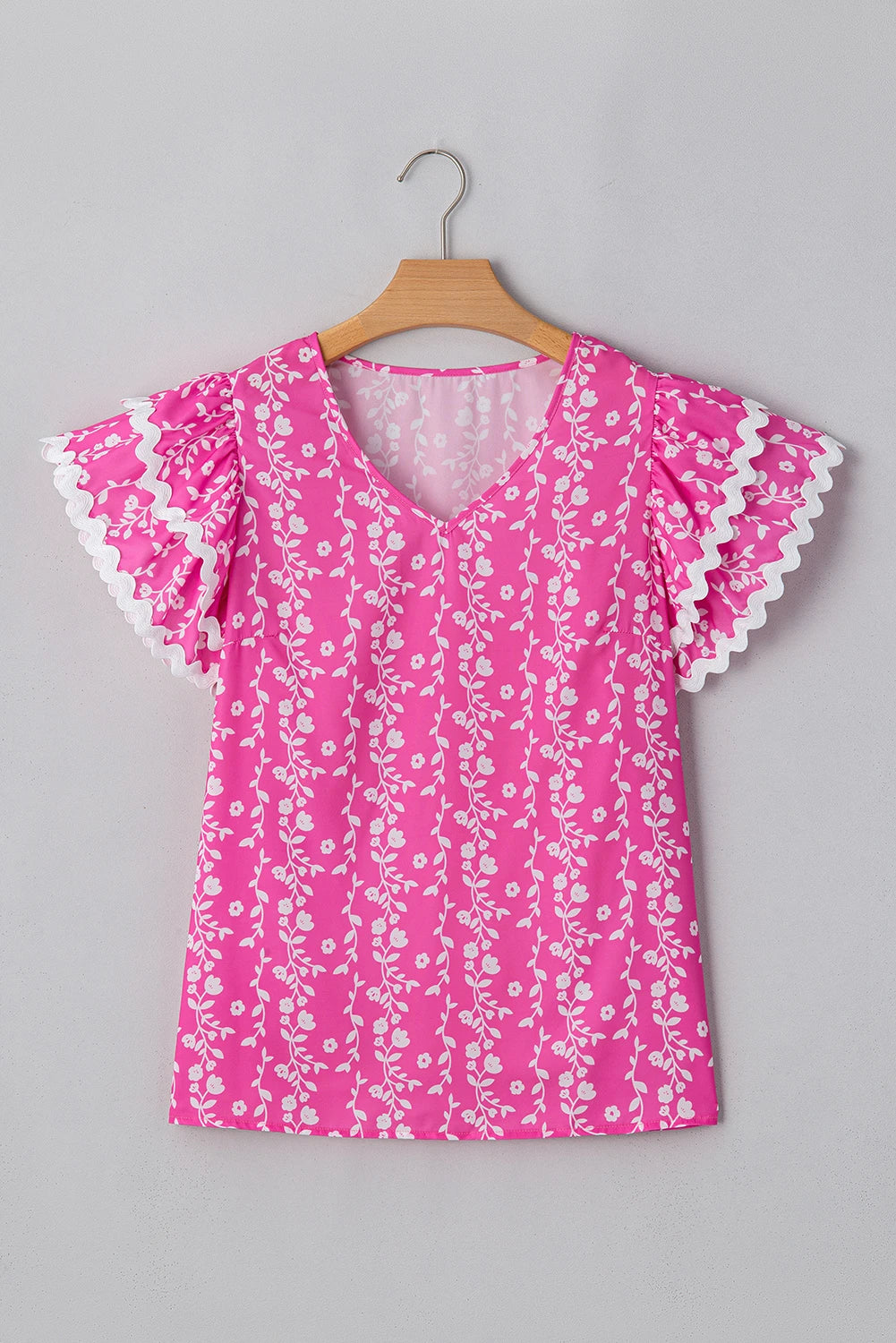 Pink Floral Flutter Sleeve Blouse
