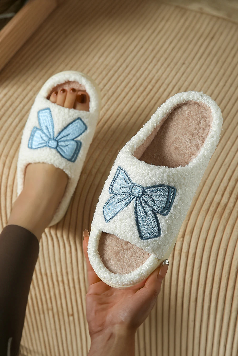 Embroidered Bow House Shoes